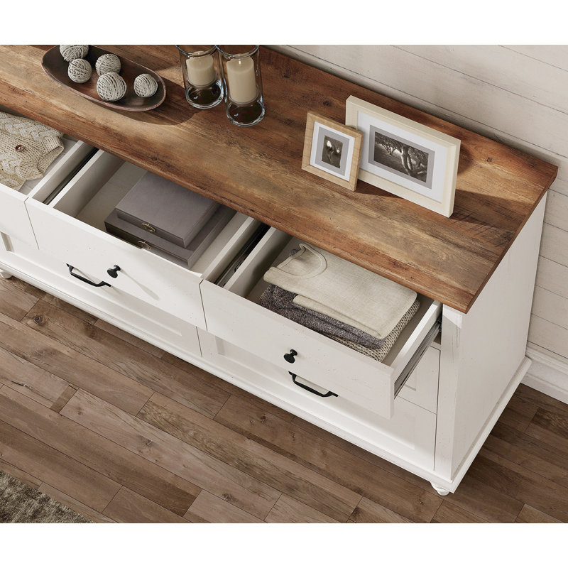 7-Drawer Mid-Century Dresser - 54 Inch, Distressed Wood, Ideal For Bedroom, Nursery, Or Living Room, Off White/Brown