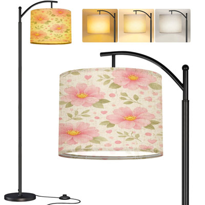  Lampe sur pied à arc avec motif floral en forme de cœur rose, feuilles vertes, crème, haute lampe sur pied moderne, abat-jour réglable en lin à 3 couleurs