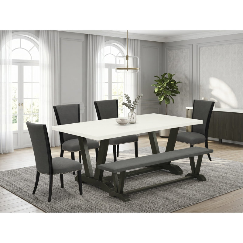 Ensemble de table de cuisine 9 pièces comprenant une table à manger rectangulaire avec pieds en V et 8 chaises de salle à manger Parson en tissu lin brun, 101,6 x 182,9 cm, multicolore