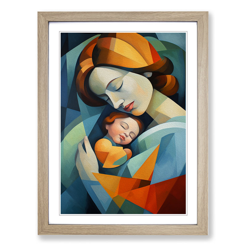 XYZ-FRM-V1223-4562 Mother And Baby Cubism No.2 - Single Picture Frame Print on Wood, 64cm H x 46cm W x 2cm D, Oak