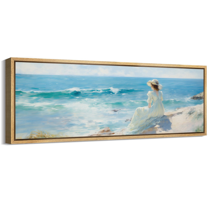 Coastal Beach " Seaside Contemplation Impressionist-Inspired Woman By The Ocean Stripes Retro Large Wall Decor ", Black