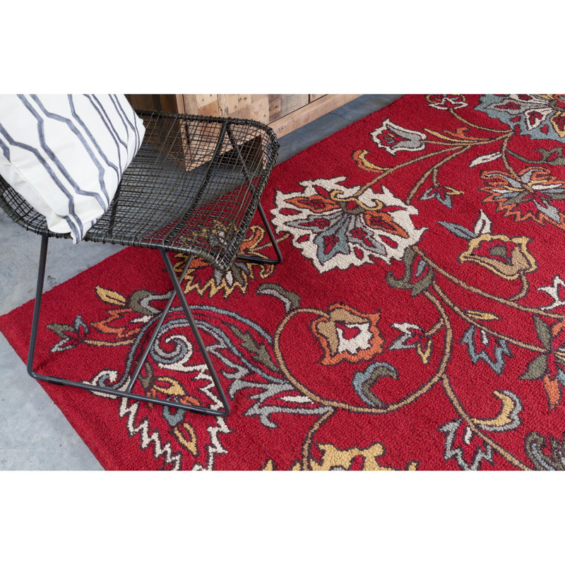 Tapis floral traditionnel en laine touffeté à la main rouge, crème, gris clair, jaune, orange, bleu et vert clair Doraville