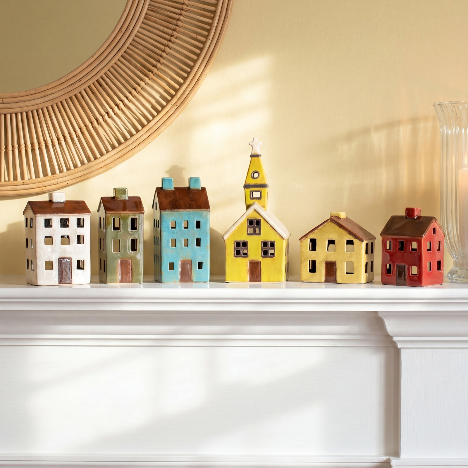  Ceramic Village Houses, 12" Tall, Hand-Painted Glazed Finish, Multicolor Decorative Holiday Set of 6
