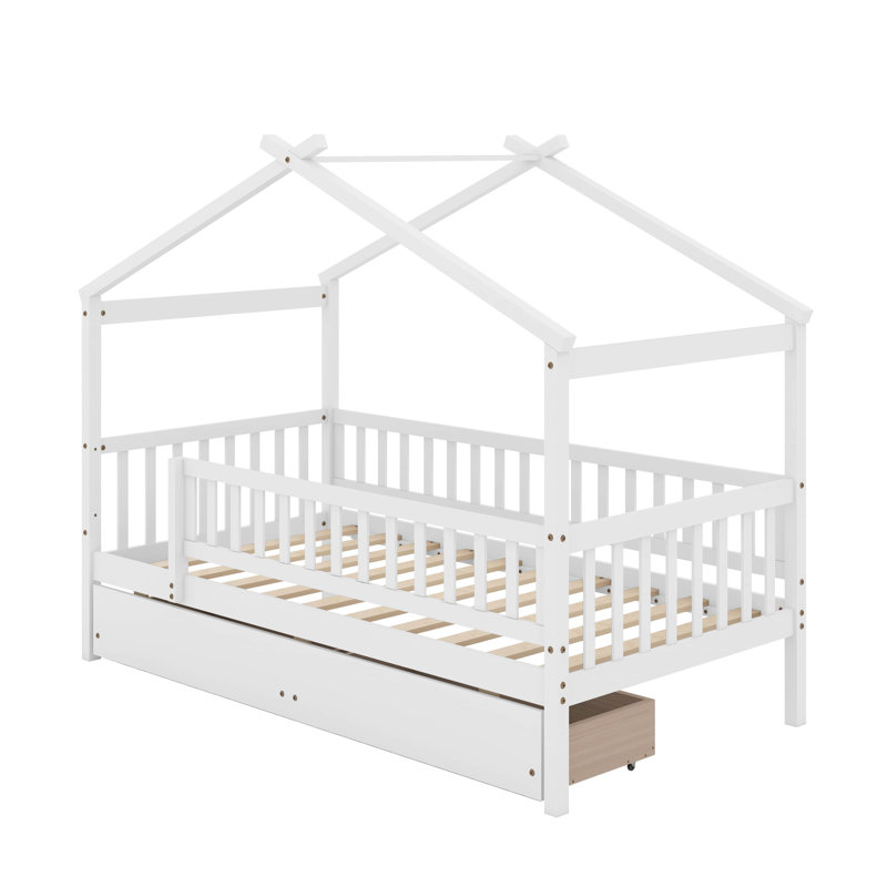 Lit en bois avec deux tiroirs, Simple, Blanc