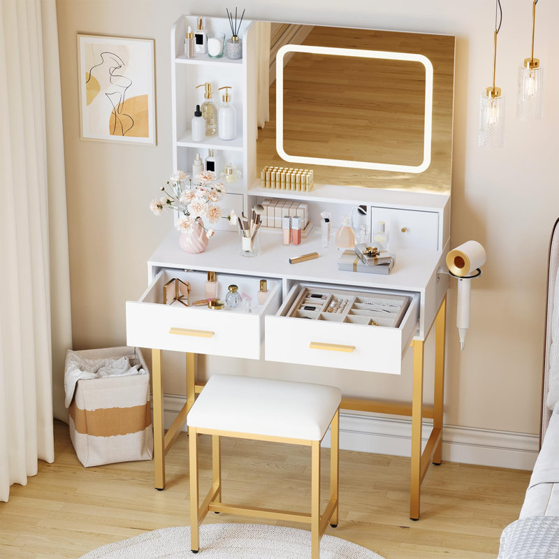 Ensemble de coiffeuse avec lumières miroir 4 prises de courant et tablettes de rangement pour la chambre à coucher