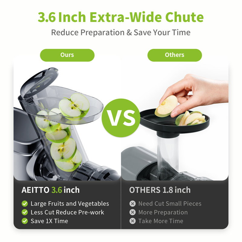 Aeitto chewable juicer with a 3.6-inch wide channel, 2-speed mode, and reverse function, equipped with an easy to clean brush for fruit and vegetable juicers