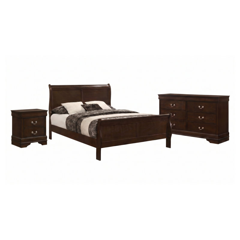 Ensemble de chambre à coucher 3 pièces Henri Charles Cappuccino Queen avec lit traîneau, commode et table de chevet en bois d'hévéa