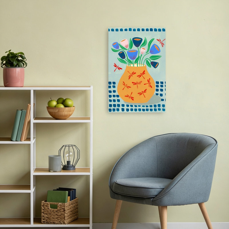 Whimsical Dragonfly Vase Colorful Playful Vibrant Dragonfly Flower Nature Wall Art Print by Sara Coulter - Wrapped Canvas Print