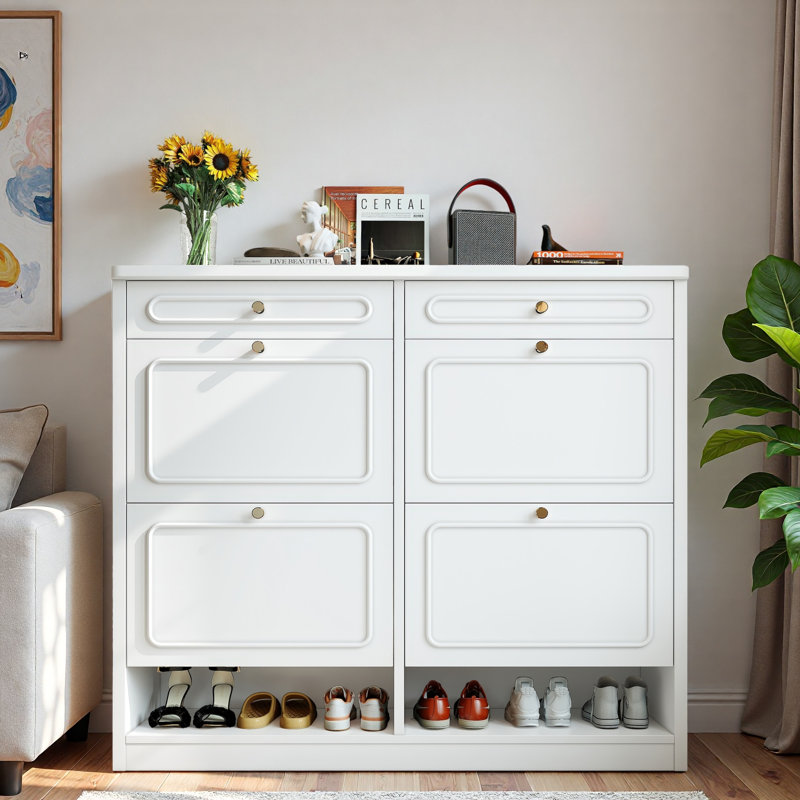 Wooden Shoe Cabinet With 4 Flip Drawers, 2 Storage Drawers And Open Compartments, Light White