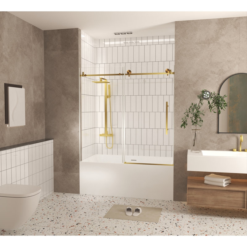Frameless Shower Door 5660 "W X 60" H, 1/4 "(6 Mm) Clear Tempered Glass, Explosion Proof Film, Stainless Steel Handle,Brushed Gold