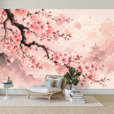 Papier peint adhésif peler et coller branche de cerisier en fleurs temple japonais doux pastel coucher de soleil papier autocollant amovible contact mural pour salon chambre à coucher H 100 po x l 144 po