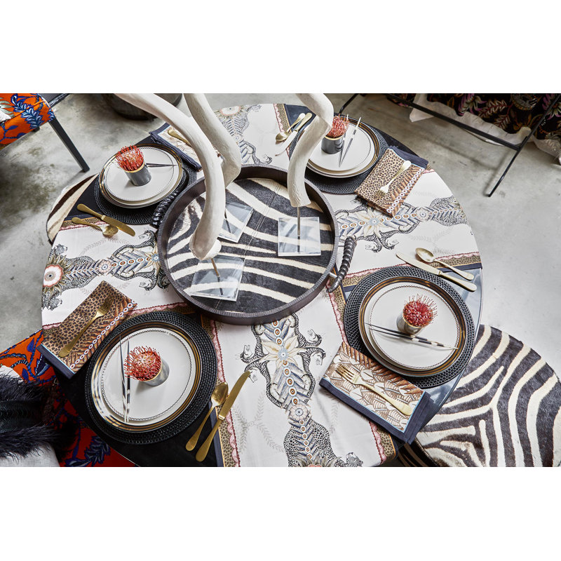 Leather Round Tray with Zebra Inlay - Springbok Horn Handles