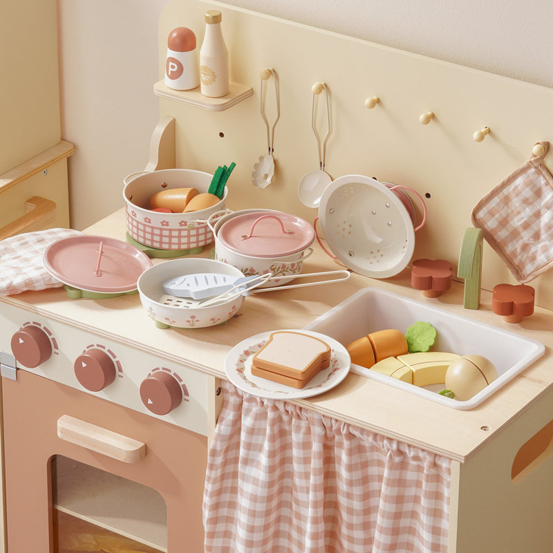 Ensemble d'accessoires de cuisine Pretend Play avec batterie de cuisine en métal, ustensiles de cuisine et sac de rangement