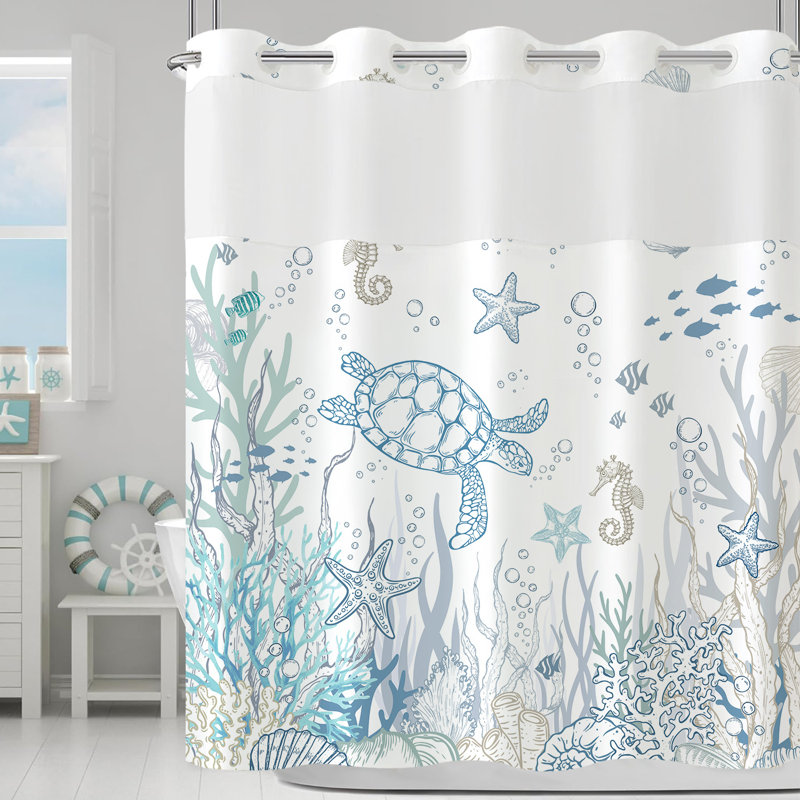  Rideau de douche sans crochet avec doublure encliquetable, ensemble de rideaux de salle de bain Nautical Coastal