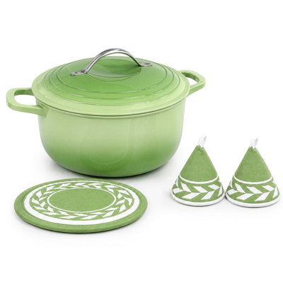 7QT Round Enameled Cast Iron Dutch Oven in Green with Heat‑Resistant Gloves and Trivet