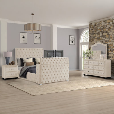 Encore Modern Style Tufted And Upholstered Queen 4PC Bedroom Set Made With Wood In Beige(NJ Inventory)
