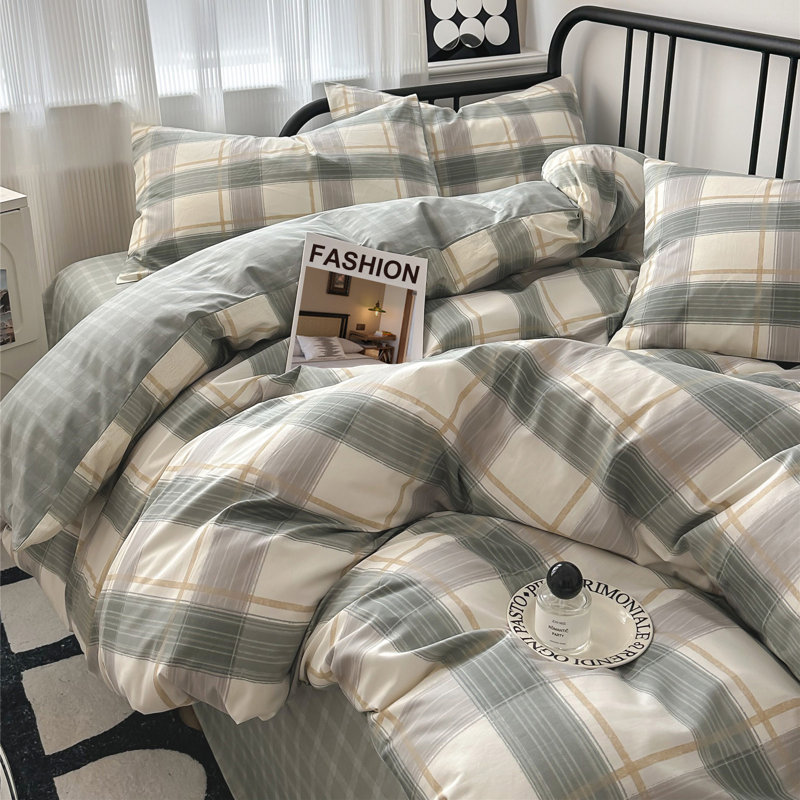 Modern Design 100% Cotton Duvet Cover Set, Queen Duvet Cover + 2 Standard Pillowcases, Green Plaid