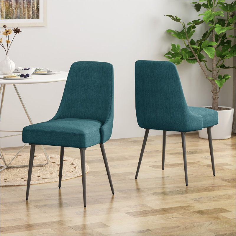 Ensemble de 2 chaises d'appoint modernes avec sièges rembourrés en tissu et pieds en fer thermolaqué, bleu sarcelle