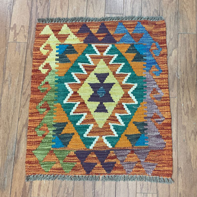 Tapis orange en laine tissé à plat à la main à motif géométrique afghan 1 pi 8 po x 1 pi 8 po