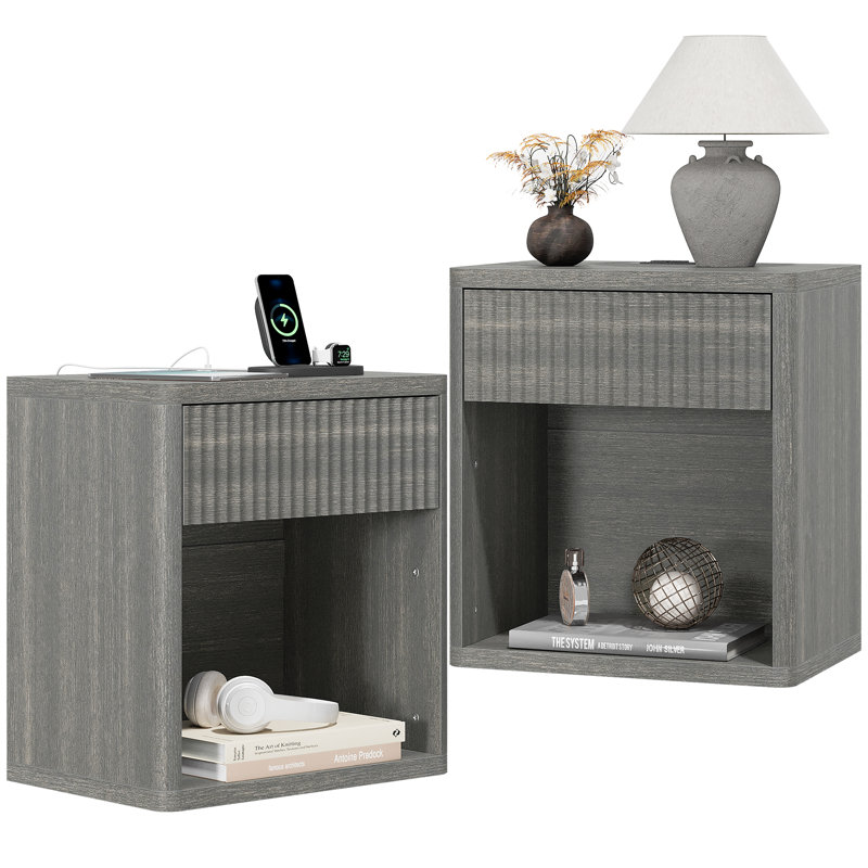 Valerica 1-Drawer Fluted Nightstand with Charging Station, Gray