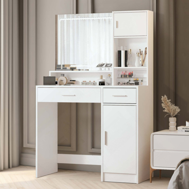 Vanity Desk With Mirror And LED Light Strip,Dressing Table With Large Drawer, 3 Level Storage Dresser & 3 Lighting Modes Adjustable Brightness, Suitable For Bedroom