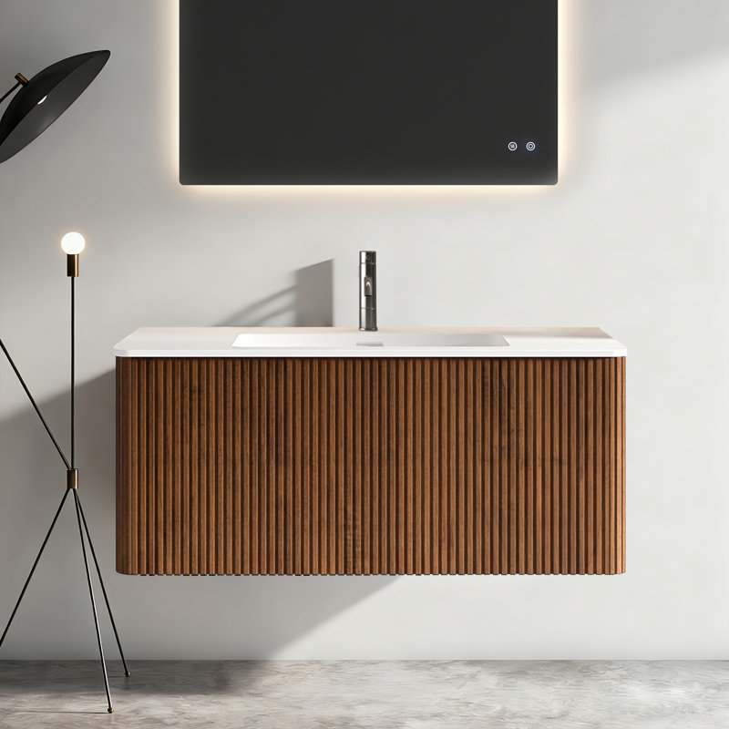 Meuble-lavabo flottant en noyer rayé 36 po avec lavabo à surface solide blanc Etna Etna, pré-assemblé, 36" W