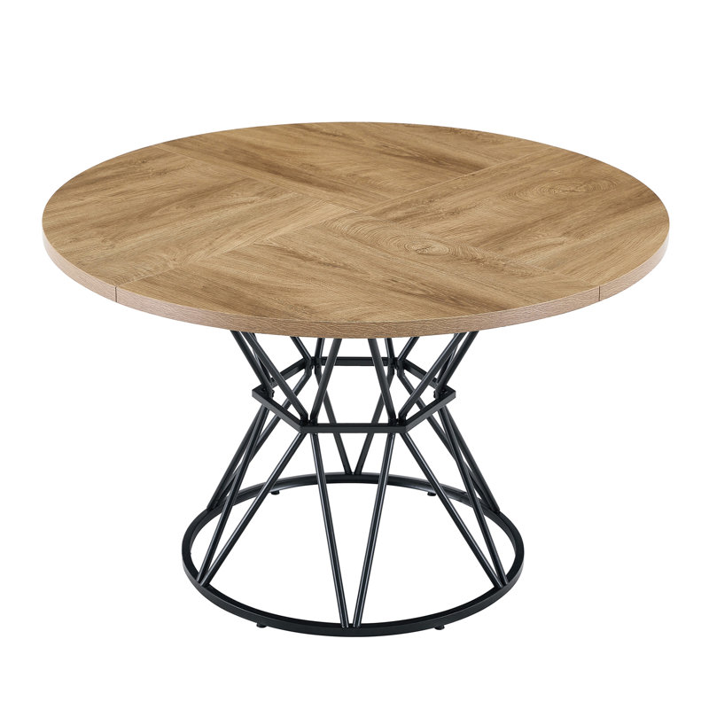 A Circular Dining Table With A Diameter Of 47.3 Inches, Featuring 4 Light Wood Grain MDF Tabletops, Black Hourglass Shaped Metal Brackets, And A Modern Industrial Style Dining Table For 4-6 People.