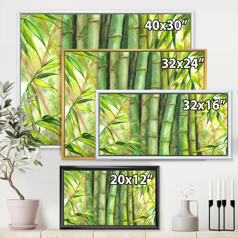 Tiges de bambou vert vif - peinture sur toile, H 16 po x l 32 po x p 1 po, Cadre flottant blanc