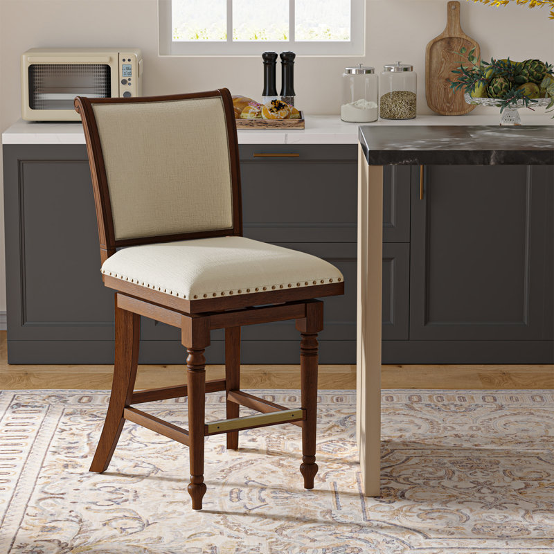 Tabouret tournant Blerona Farmhouse, Structure beige lin / noyer