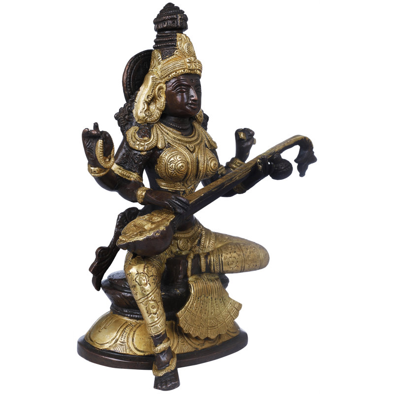 Figurine déesse Saraswati assise sur un lotus, Noir / or