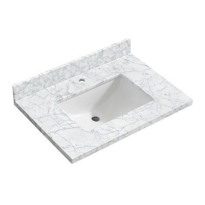 Zevio 31 pouces x P 22 po Plan de toilette en marbre naturel blanc de Carrare avec lavabo rectangulaire simple blanc