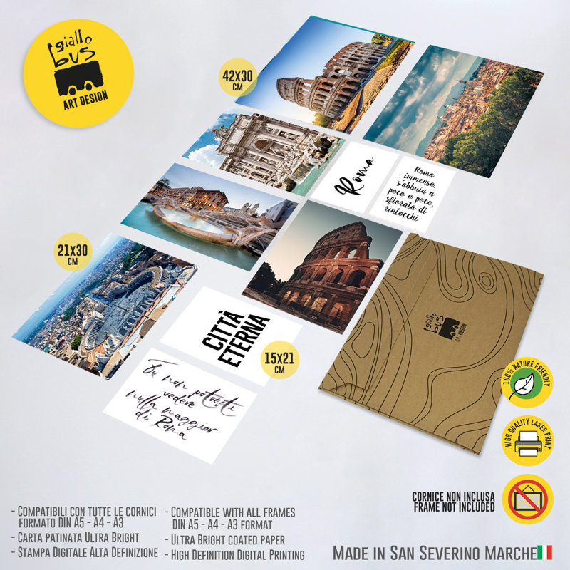 Giallobus - Set 10 Poster Da Parete - Raccolta Città Roma - Carta Patinata - | 2 X A3 42X30cm | 4 X A4 30X21cm | 4 X A5 21X15cm | - Senza CORNICI - Stampe Moderne Soggiorno