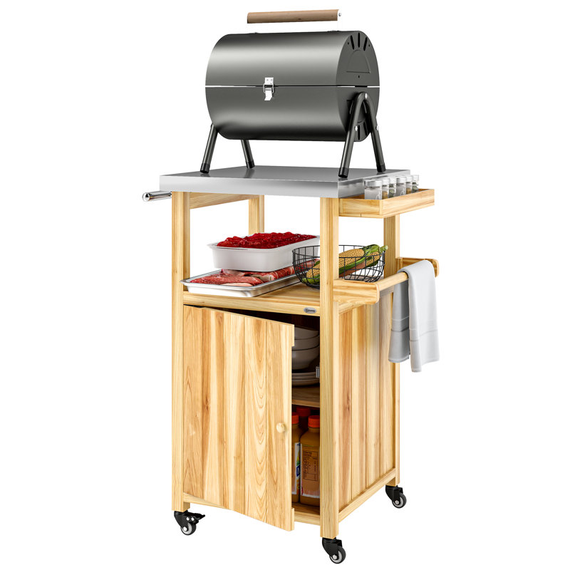 Grill Table with Stainless Steel Top, Pizza Oven Table,  Dark Grey,wood