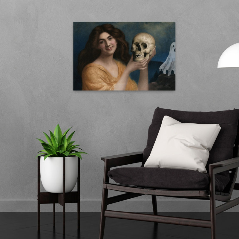 Femme souriante tenant un crâne, portrait abstrait gothique vintage, impression d'art mural, H 16 po x l 24 po