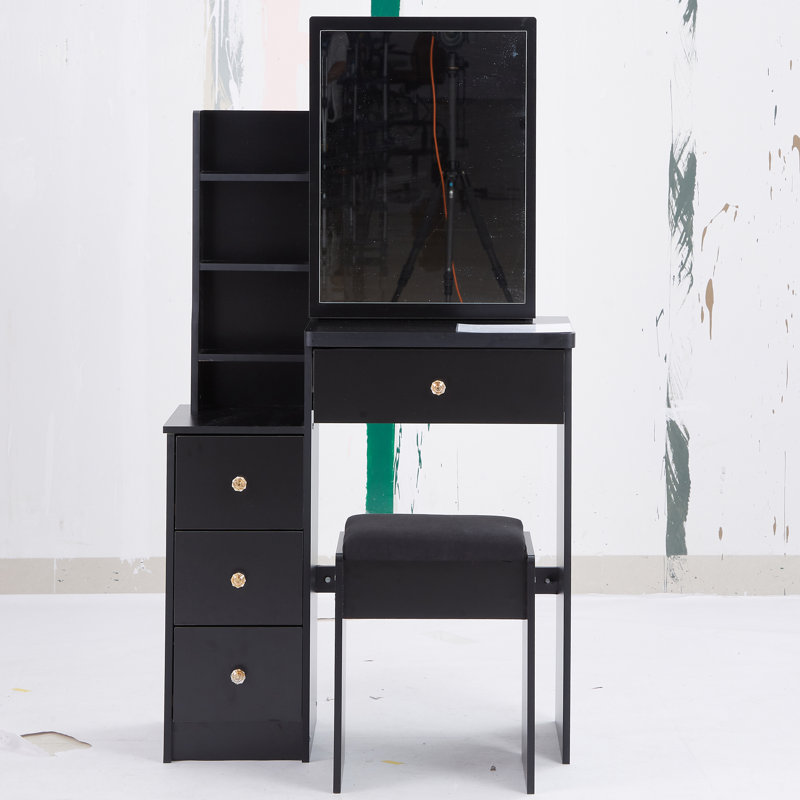 29.2" Small Space Left Bedside Cabinet Vanity Table + Cushioned Stool, Black
