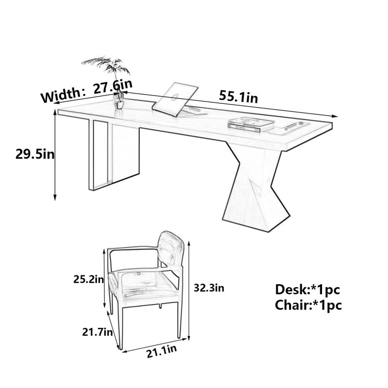 Bureau italien en bois massif italien minimaliste, H 29,5 po x l 55,1 po x P 27,6 po