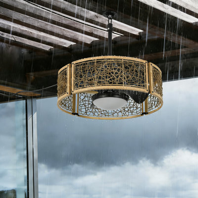 20 Inch Outdoor Indoor Caged Ceiling Fan with LED Lights Rattan With IP44 Waterproof