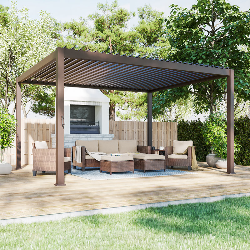 Louvered Pergola, Outdoor Sun Shade Pergola with Metal Frame and Adjustable Rainproof Roof, 12 ft x 14 ft