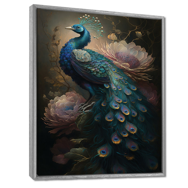 Peacock with Flowers - Print on Canvas, 20" H x 12" W, Floater Framed Print, Silver