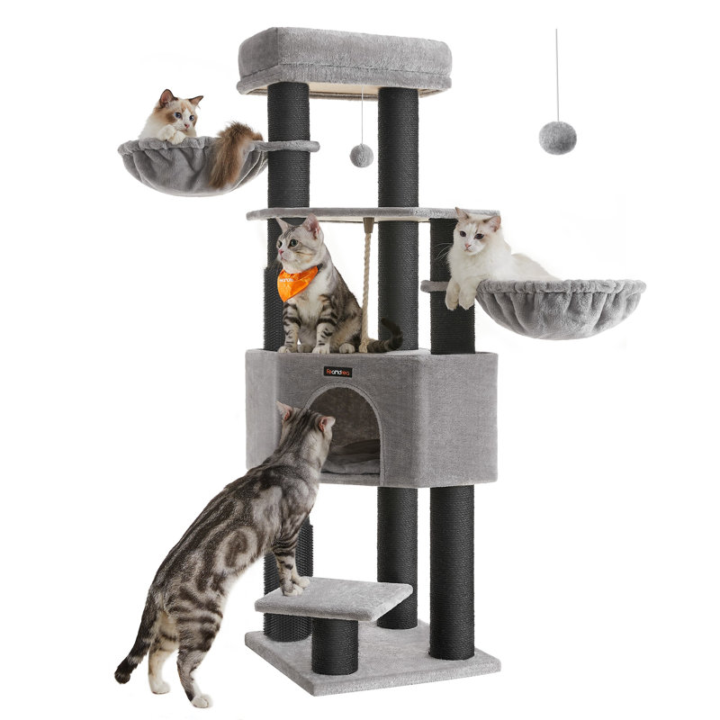 Tour pour chat robuste de 63 pouces avec coussins chauffants, Gris tourterelle / noir
