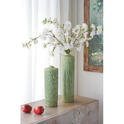 Vase cylindrique en céramique D4,7 x 13,8 po avec motif texturé vert