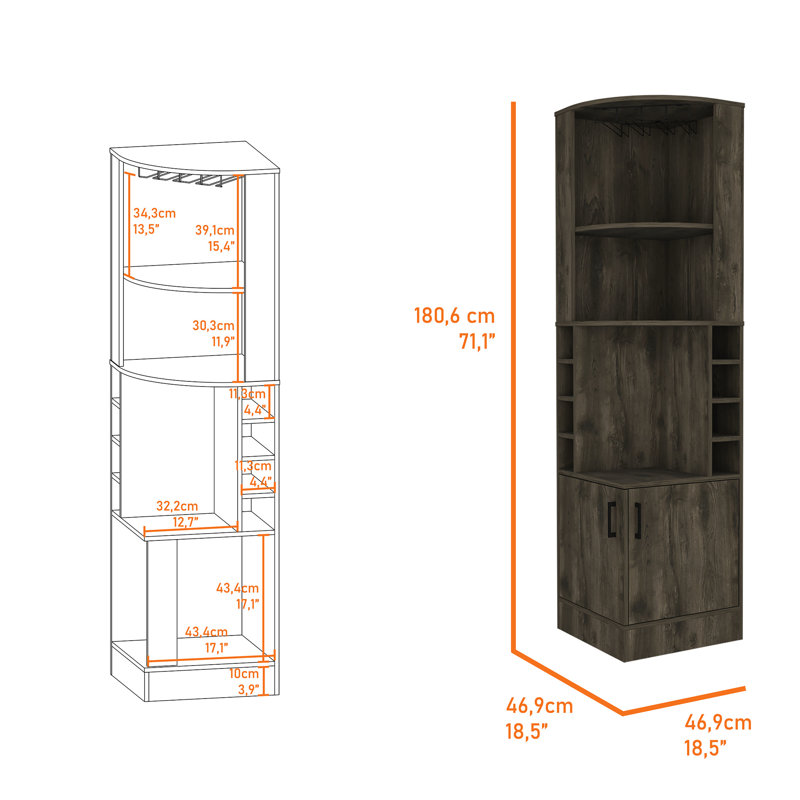 Armoire de bar brun foncé avec 2 tablettes pouvant accueillir 8 bouteilles et 8 tablettes utilitaires pour un rangement supplémentaire