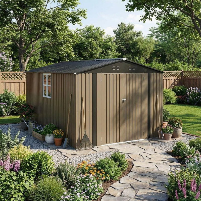 10 ft. W x 12 ft. D Outdoor Metal Storage Shed with Window & Double Door, Brown, Brown