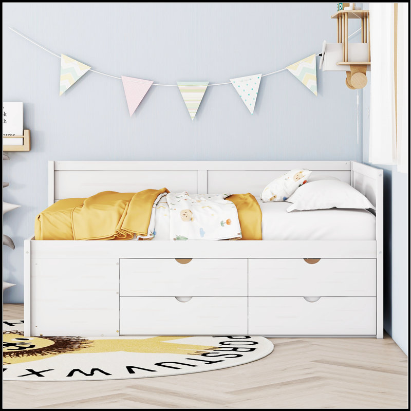Lit de jour polyvalent avec tiroirs et tablettes, parfait pour le rangement et pour économiser de l'espace dans toute maison moderne