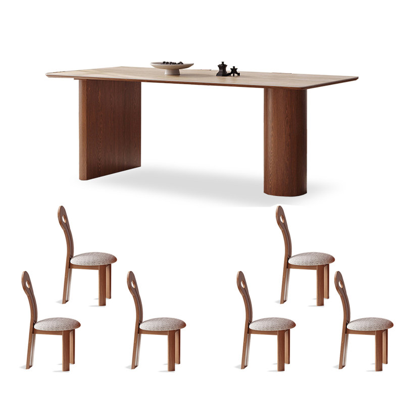 6 - Person Beige+Nut-brown Rectangular Solid Wood Sintered Stone Tabletop Dining Table Set