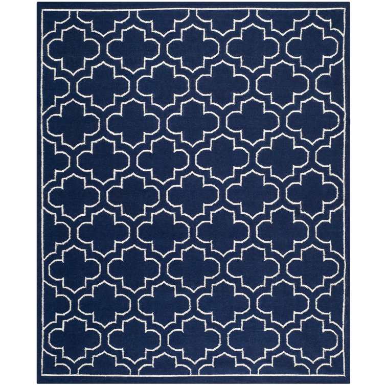 Rodgers Hand Woven Flat Weave Banana Silk/Wool/Cotton Geometric Rug in Ivory/Navy