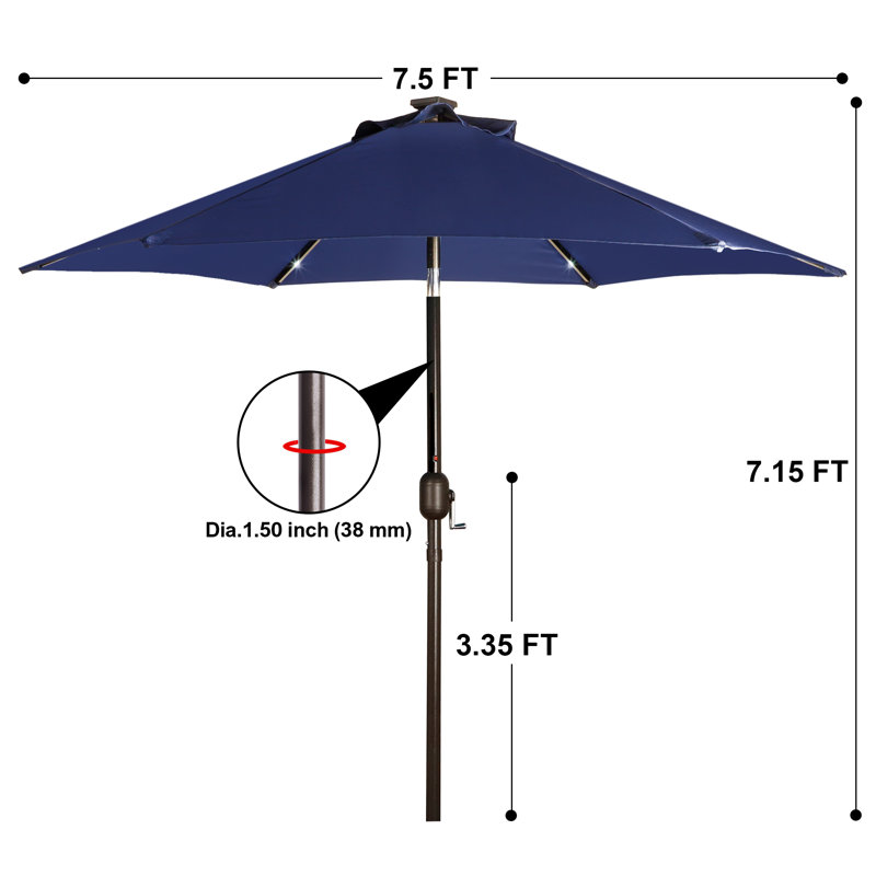 Parasol de marché lumineux 7,5 pi, parasol de patio avec inclinaison et manivelle, bleu marine