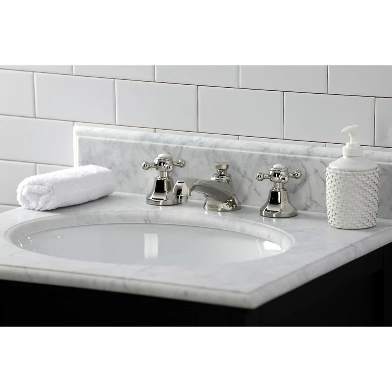 Kingston Brass Metropolitan Two-Handle 3-Hole Deck Mount Widespread Bathroom Faucet with Brass Pop-Up Drain, Polished Nickel
