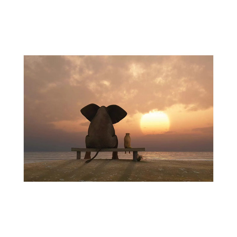 Elephant And Dog Sit On A Summer Beach At Sunset by Mike Kiev - Wrapped Canvas Print, 20.32 cm H x 30.48 cm W, Wrapped Canvas