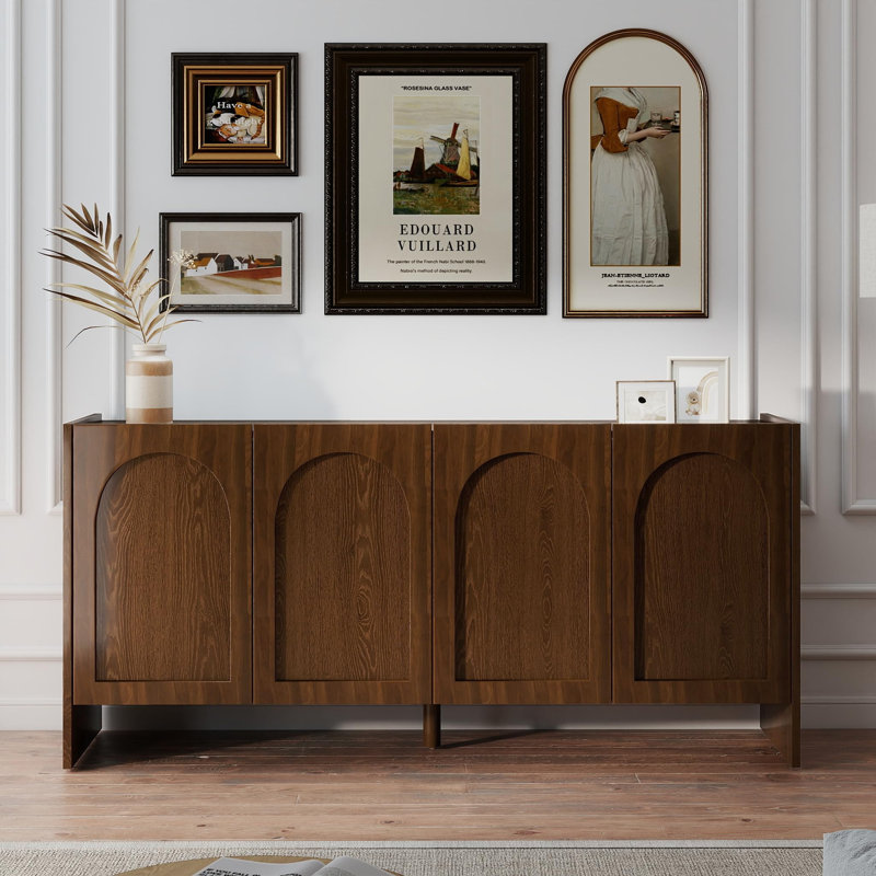 63" Arched Sideboard Cabinet with 4 Doors, Solid Wood Veneer Storage Credenza with Adjustable Shelves for Dining Room or Entryway , Walnut